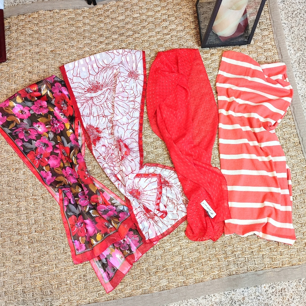 4 Scarf Bundle- Floral and Striped Scarf Set - Red,Coral - Picture 2 of 13